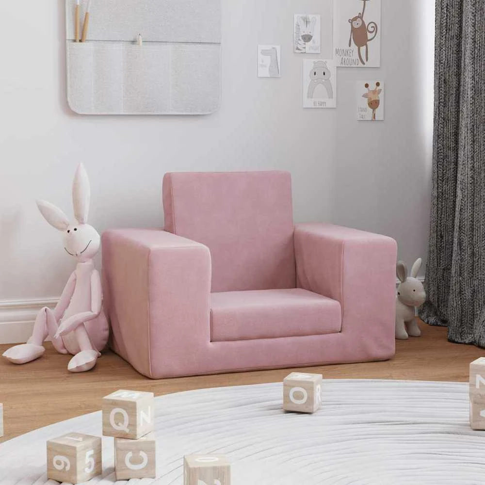 Vaikiška sofa-lova, rožinės spalvos, minkštas pliušas