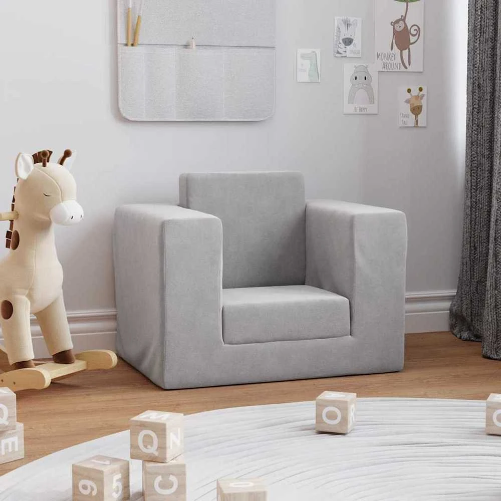 Vaikiška sofa-lova, šviesiai pilkos spalvos, minkštas pliušas