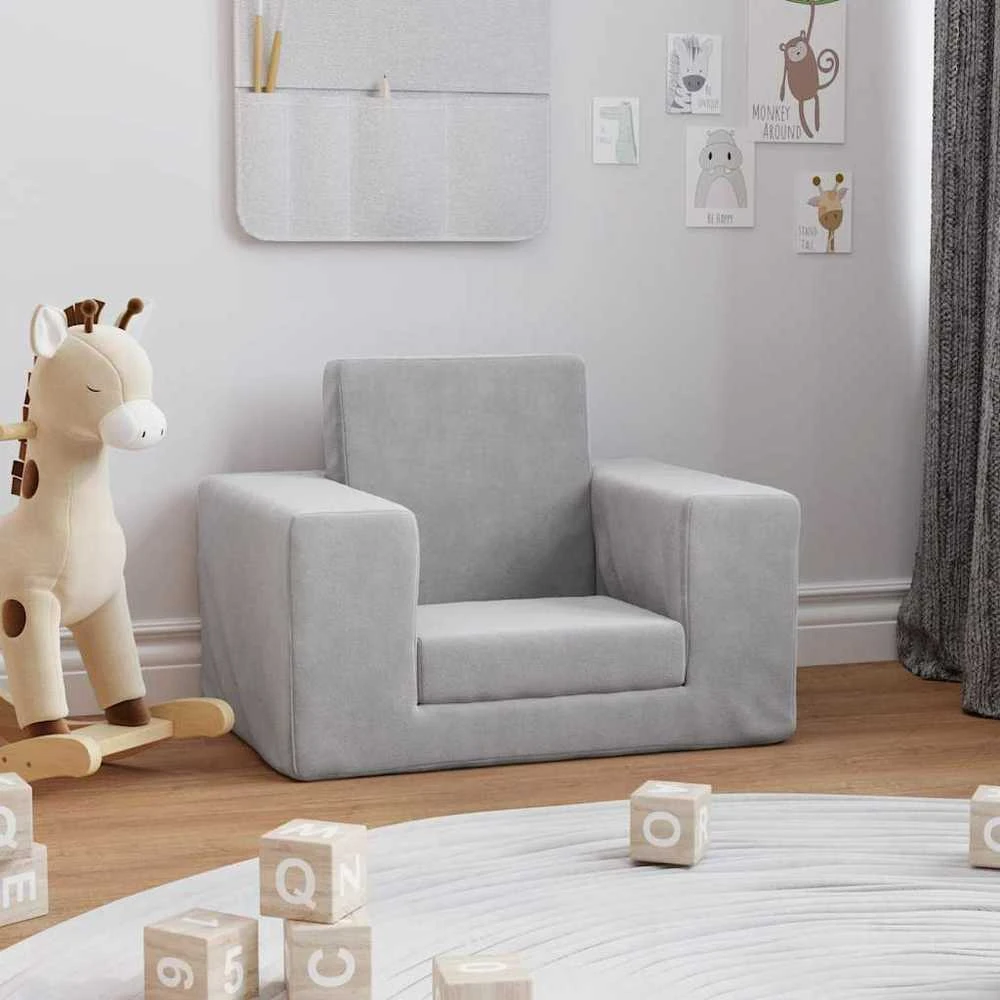 Vaikiška sofa-lova, šviesiai pilkos spalvos, minkštas pliušas