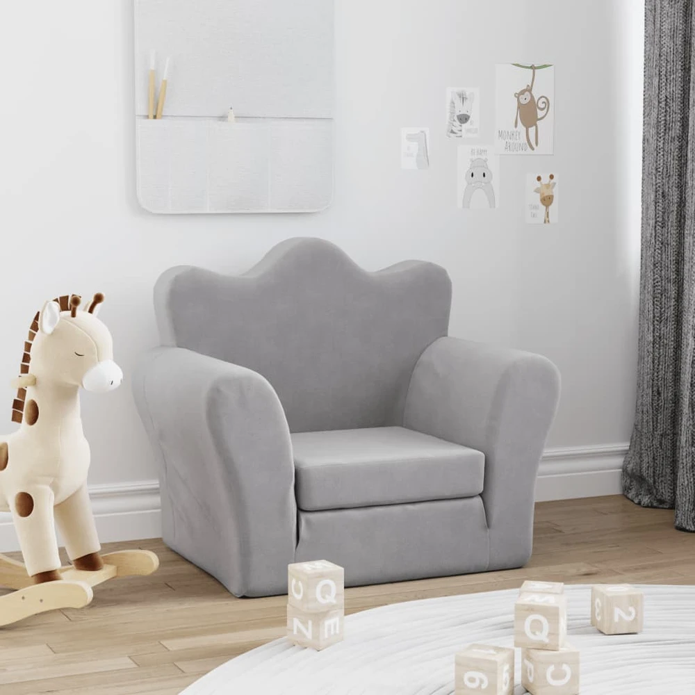 Vaikiška sofa-lova, šviesiai pilkos spalvos, minkštas pliušas