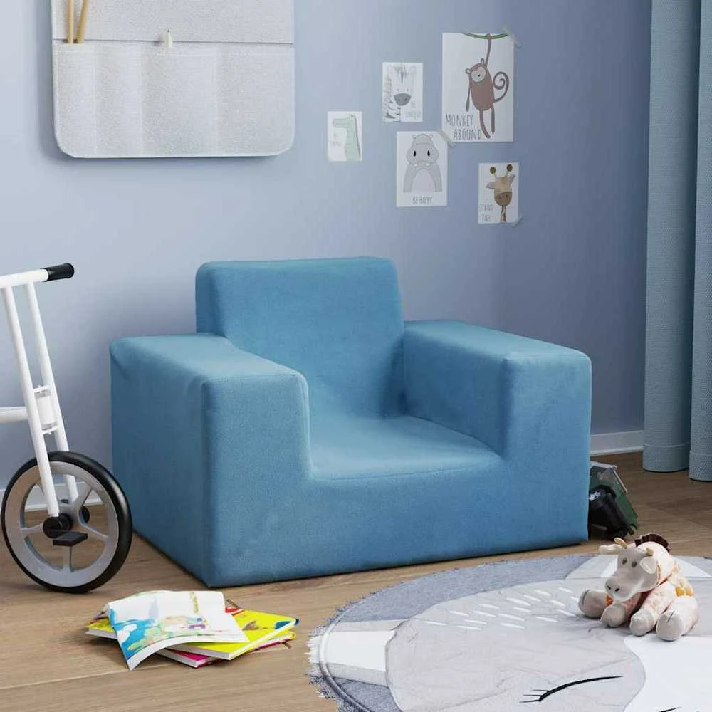 Vaikiška sofa, mėlynos spalvos, minkštas pliušas