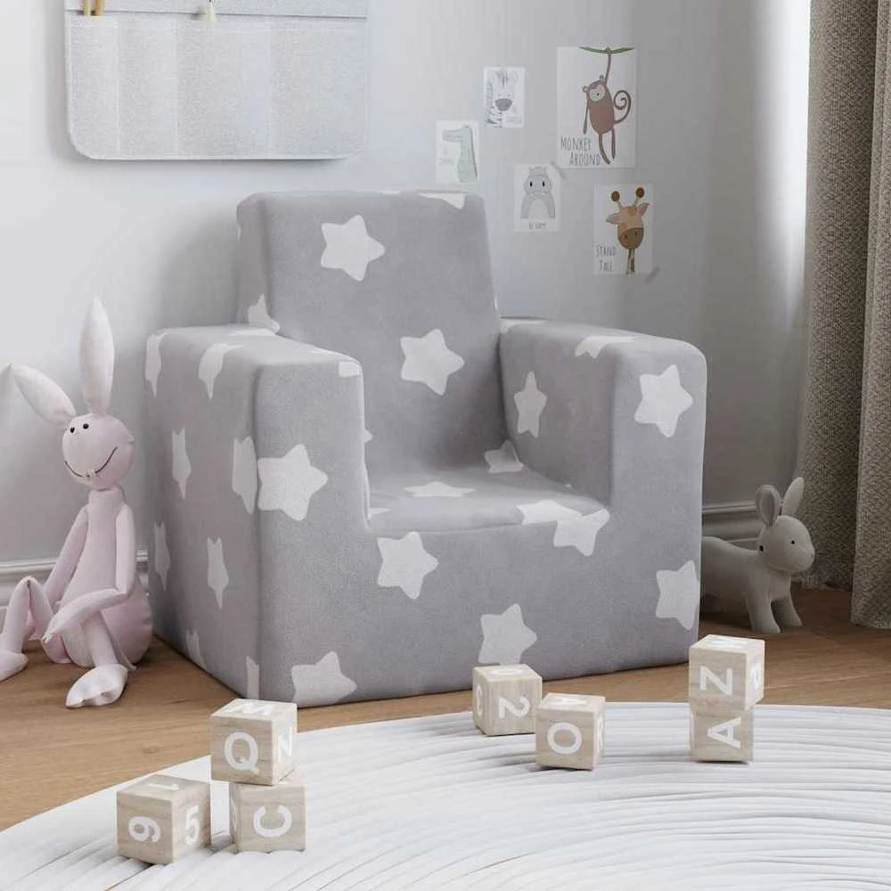 Vaikiška sofa, šviesiai pilka, minkštas pliušas, su žvaigždėmis