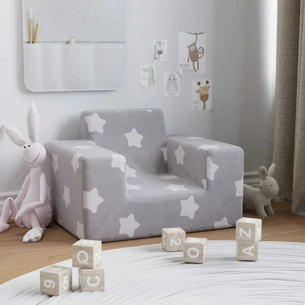 Vaikiška sofa, šviesiai pilka, minkštas pliušas, su žvaigždėmis