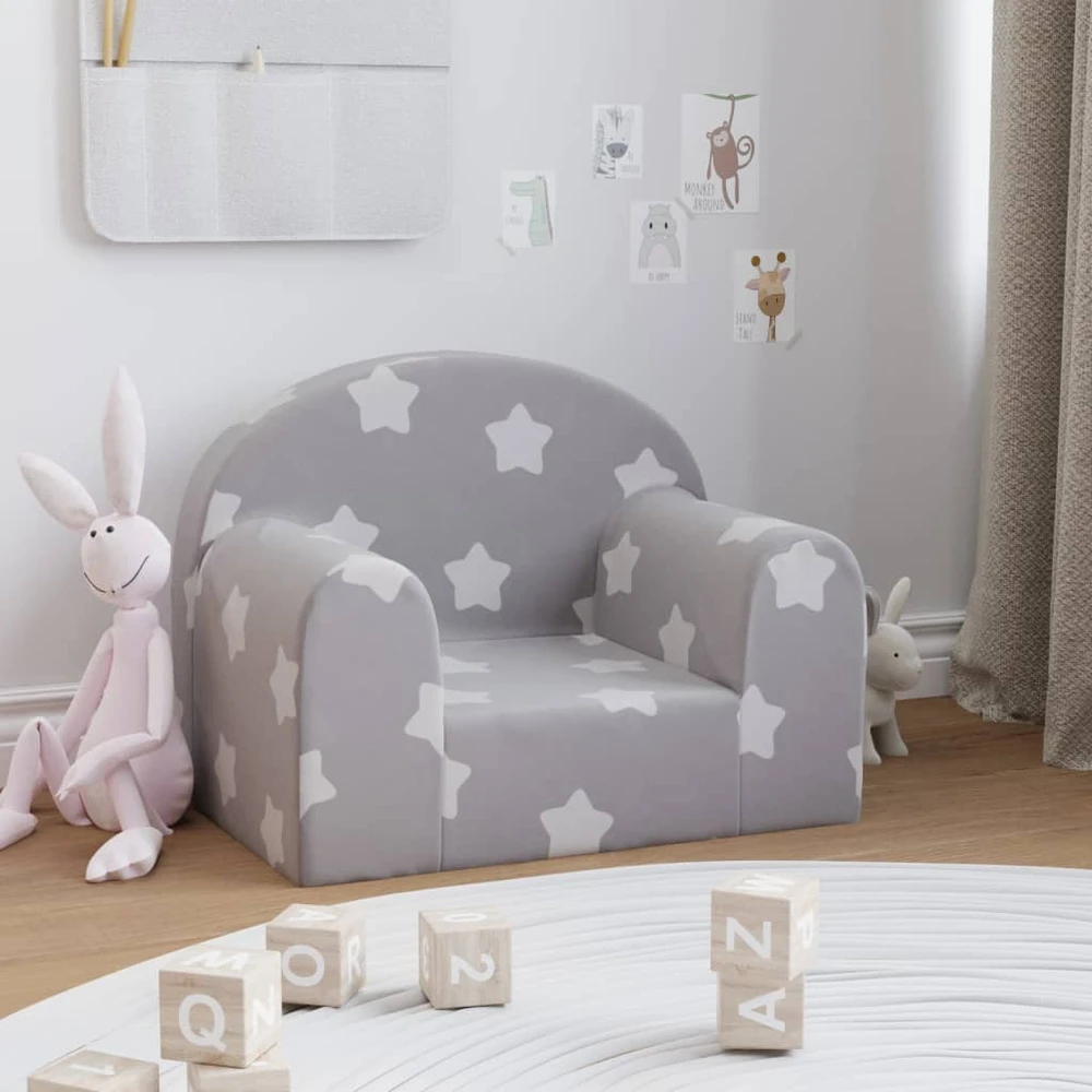 Fotelis Vaikiška sofa, šviesiai pilka, minkštas pliušas, su žvaigždėmis