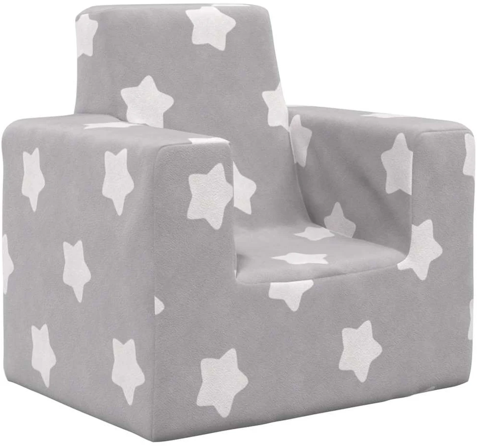 Vaikiška sofa, šviesiai pilka, minkštas pliušas, su žvaigždėmis