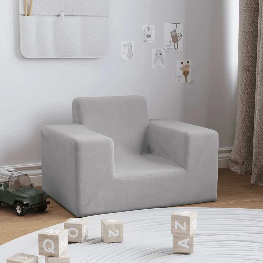 Vaikiška sofa, šviesiai pilkos spalvos, minkštas pliušas