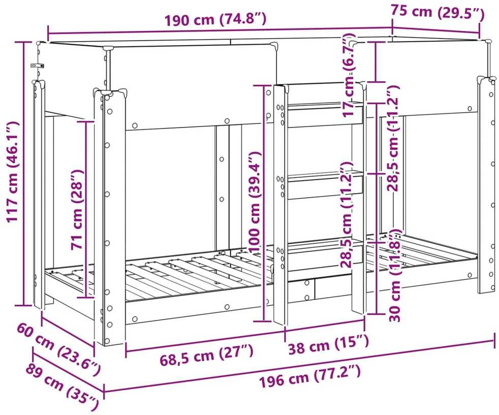 Vaikų dvigulė lova Betono pilka 75 x 190 cm Apdirbta mediena