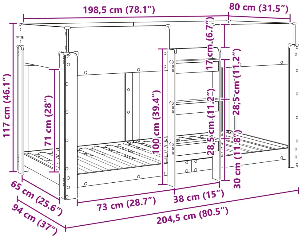 Vaikų dvigulė lova Betono pilka 80 x 200 cm Apdirbta mediena