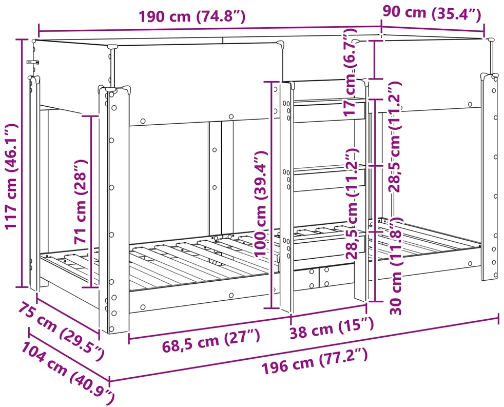 Vaikų dvigulė lova Betono pilka 90 x 190 cm Apdirbta mediena