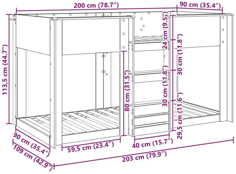 Vaikų dvigulė lova Betono pilka 90 x 200 cm Apdirbta mediena