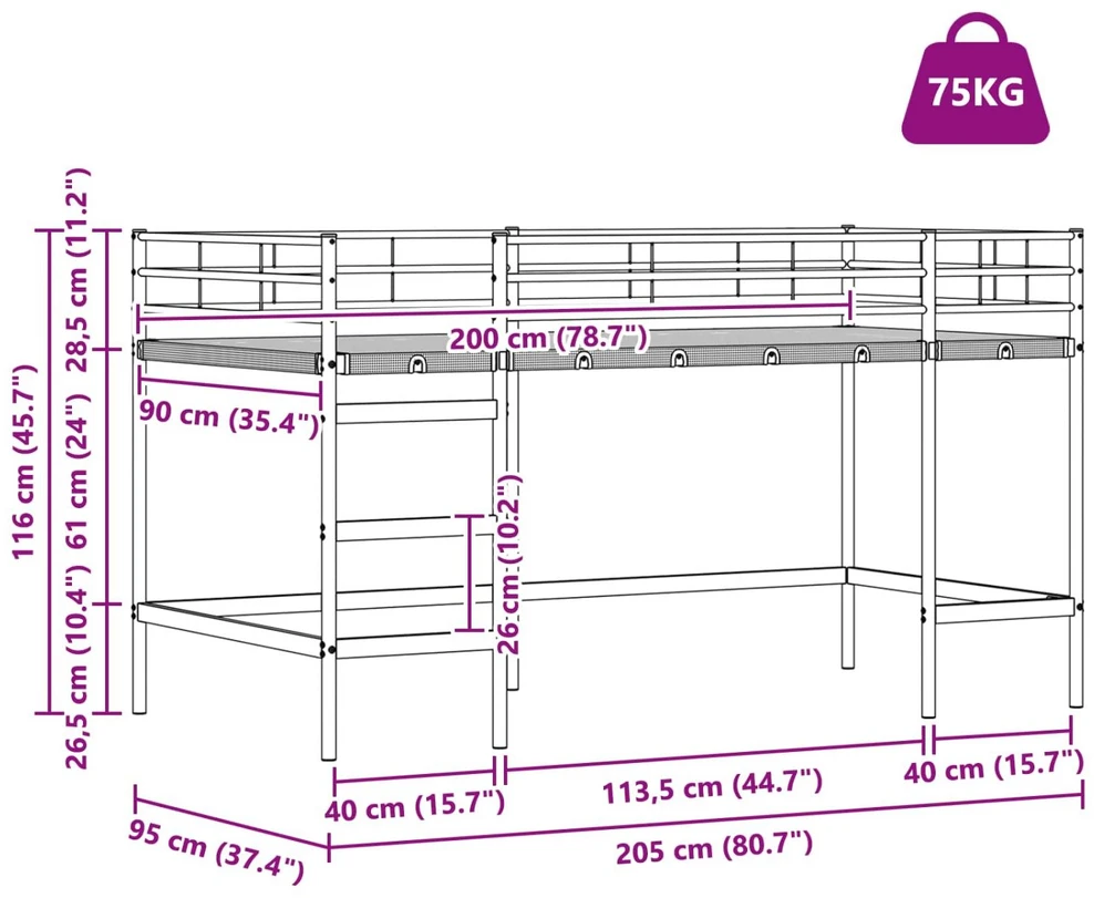 Vaikiška dvigulė lova su užuolaidomis Juoda 90 x 200 cm Metalas