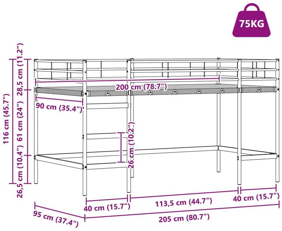 Vaikiška dvigulė lova su užuolaidomis Juoda 90 x 200 cm