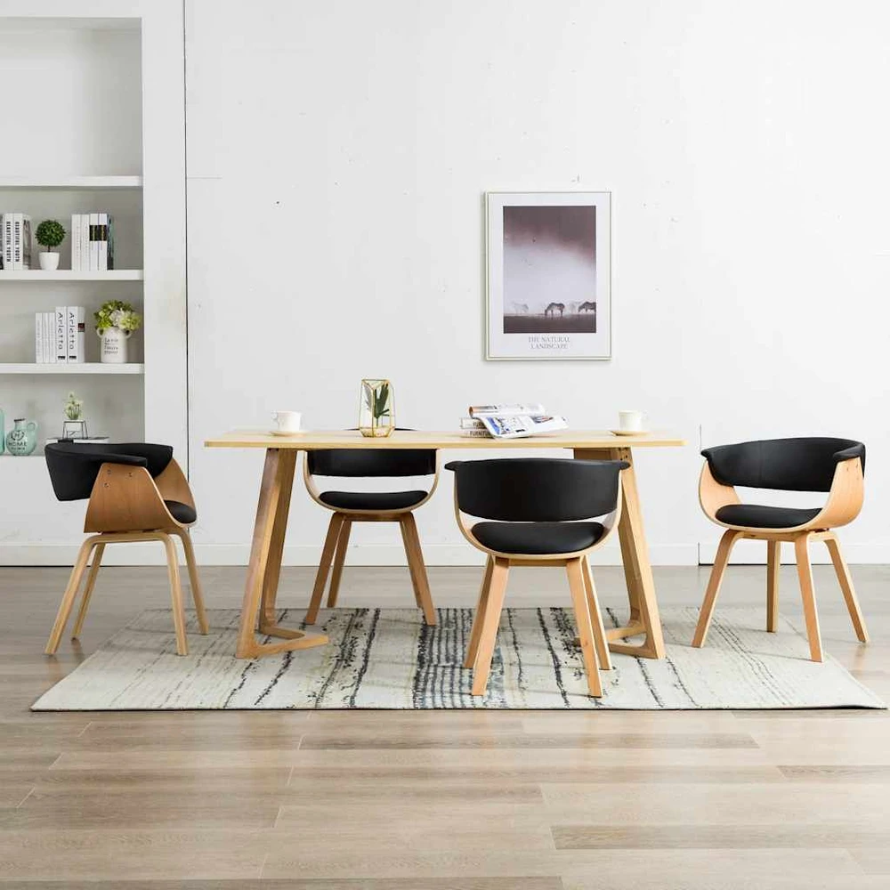 Valgomojo kėdės, 4vnt., juodos, išlenkta med. ir dirbt. oda