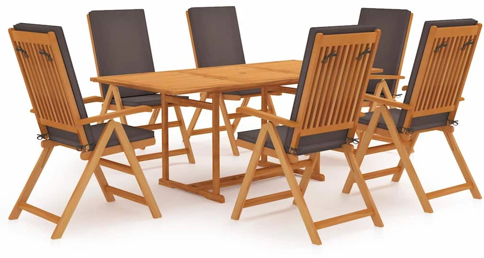 Lauko baldų komplektas Valgomojo komplektas su pilkomis pagalvėmis, 7 dalių, tikmedis