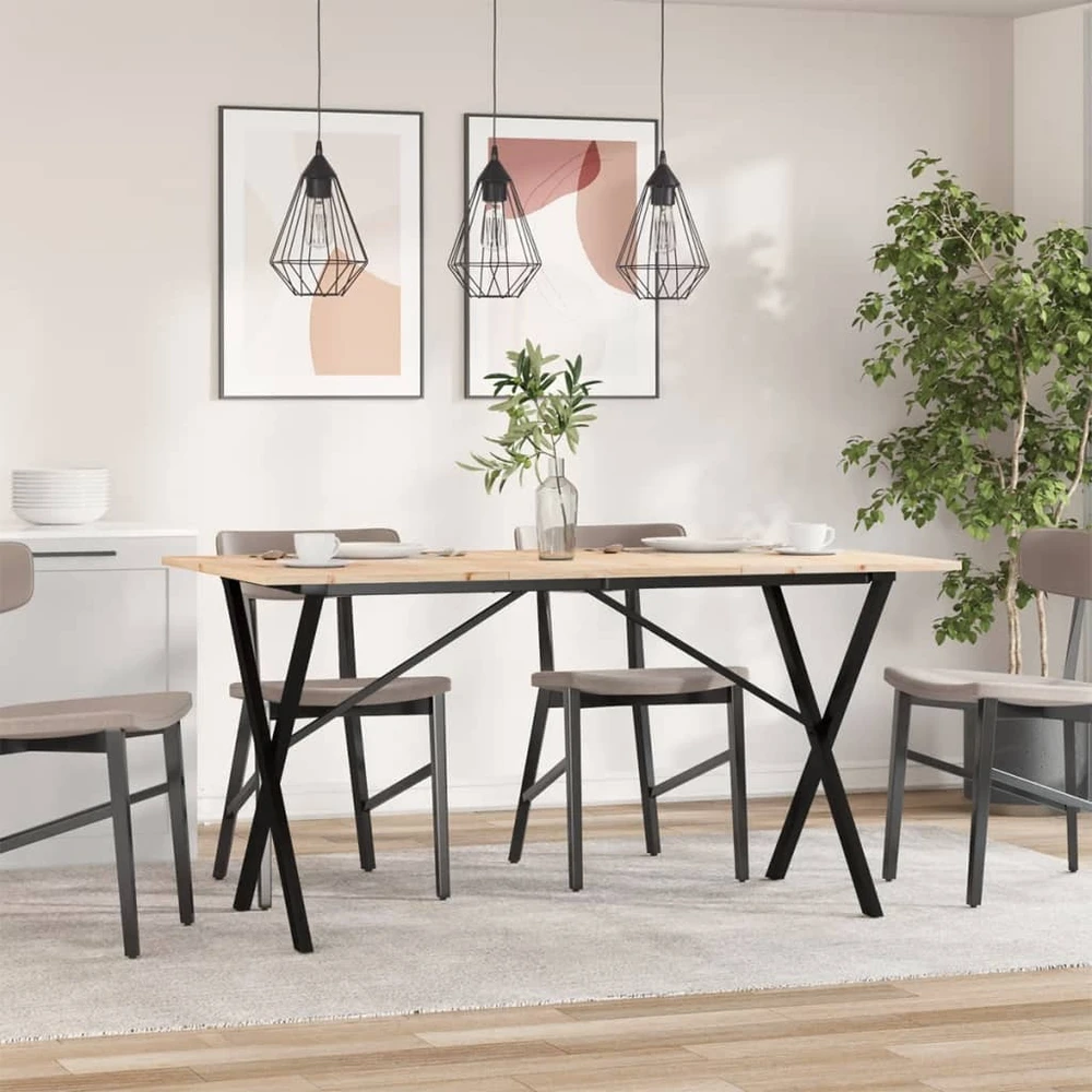 Valgomojo stalas, 160x80x75cm, pušis ir plieno, X formos rėmas