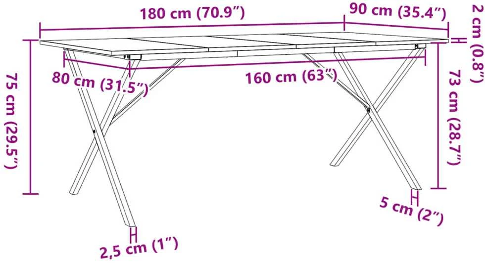 Valgomojo stalas, 180x90x75cm, pušis ir plieno, X formos rėmas