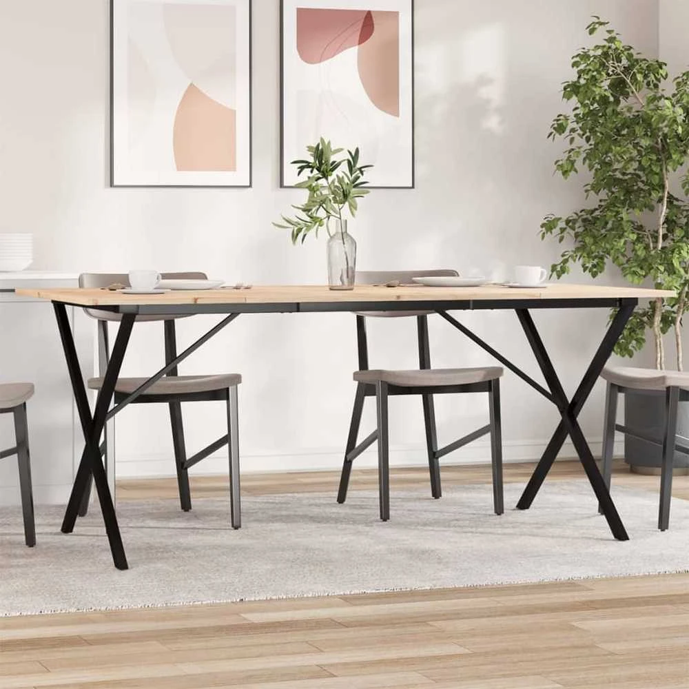 Valgomojo stalas, 180x90x75cm, pušis ir plieno, X formos rėmas