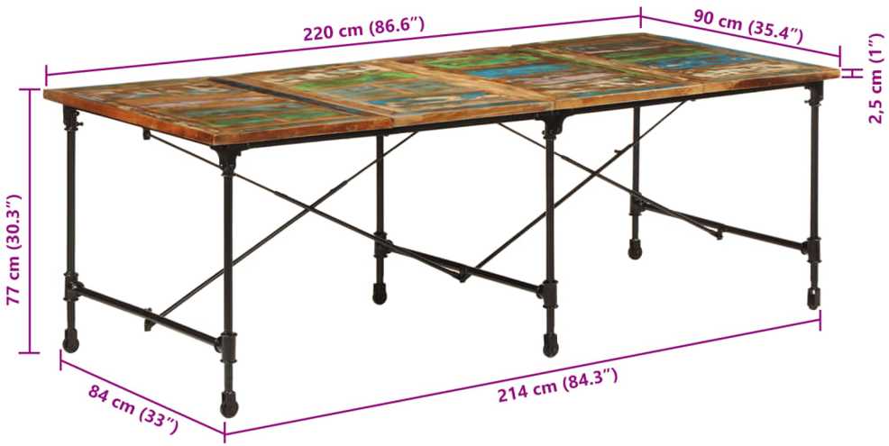 Valgomojo stalas, 220x90x77cm, perdirbtos medienos masyvas