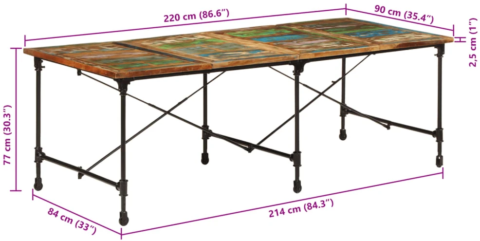 Valgomojo stalas, 220x90x77cm, perdirbtos medienos masyvas