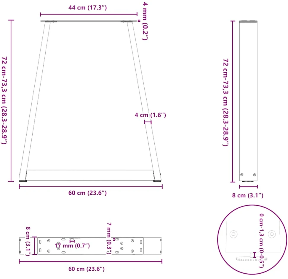 Kavos staliuko kojelės, V formos, 2 vnt., juoda, 60x(72-73)cm