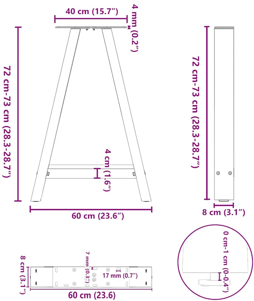 Valgomojo stalo kojelės, A formos, 2 vnt., 60x(72-73) cm, plienas