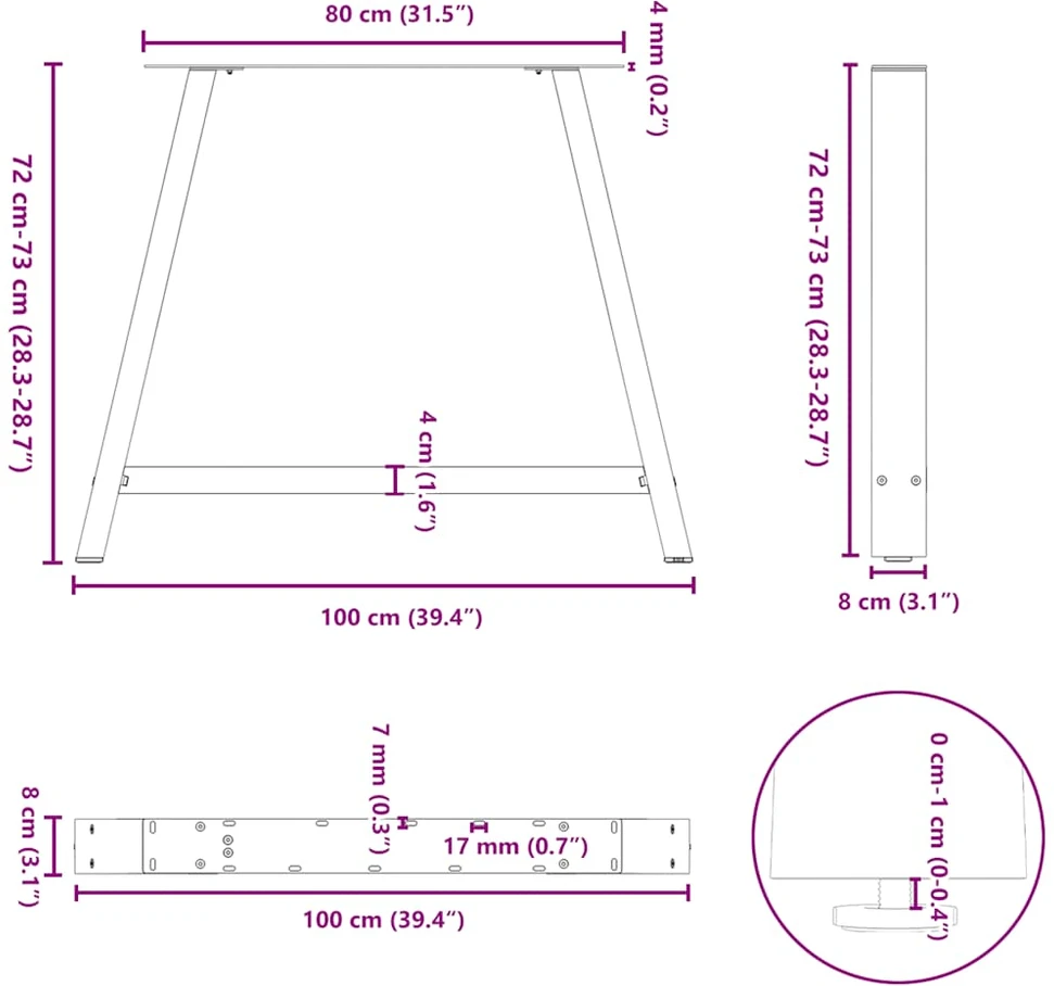 Valgomojo stalo kojelės, A formos, 2 vnt., 100 x (72-73) cm, plienas