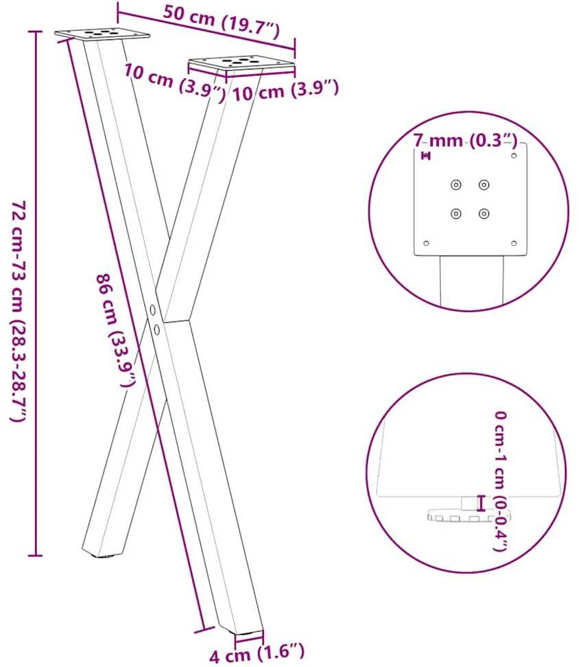 Valgomojo stalo kojos, X formos, 2 vnt., natūralus plienas, 50x(72-73) cm, plienas