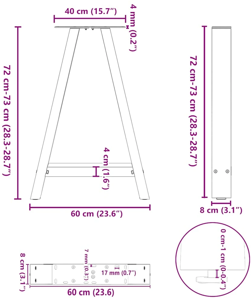 Valgomojo stalo kojos, 2 vnt., antracito spalvos, 60x(72-73) cm, plienas