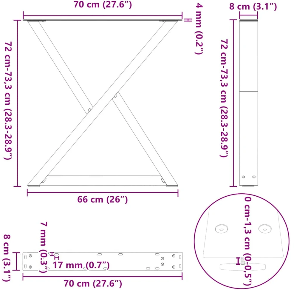 Valgomojo stalo kojos, 2 vnt., antracito spalvos, 70x(72-73,3) cm, plienas