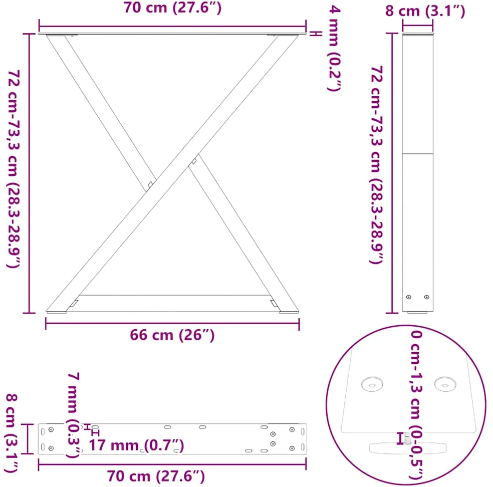 Valgomojo stalo kojos, 2 vnt., baltos, 70x(72-73,3) cm, plienas