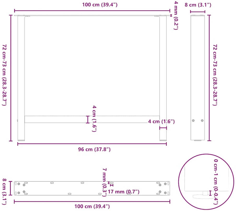 Valgomojo stalo kojos, juodos, 2 vnt., 100 x (72-73) cm, plienas