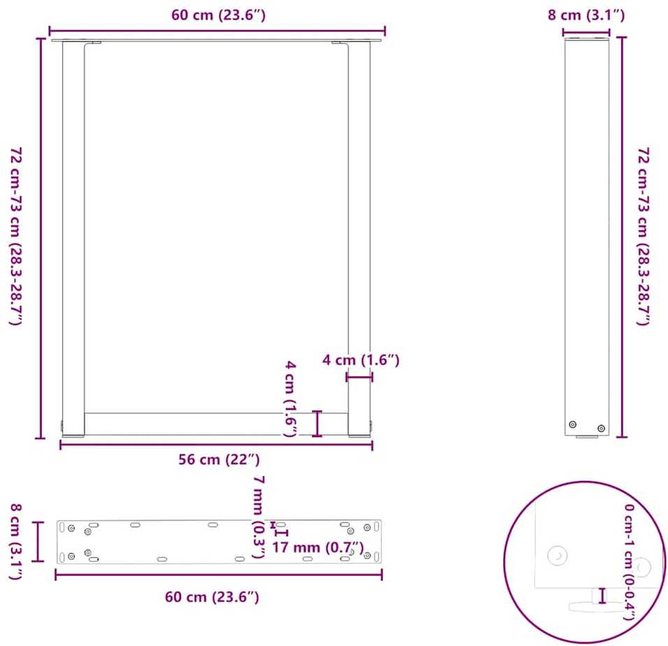 Valgomojo stalo kojos, U formos, 2 vnt., antracito spalvos, 60x(72-73) cm, plienas