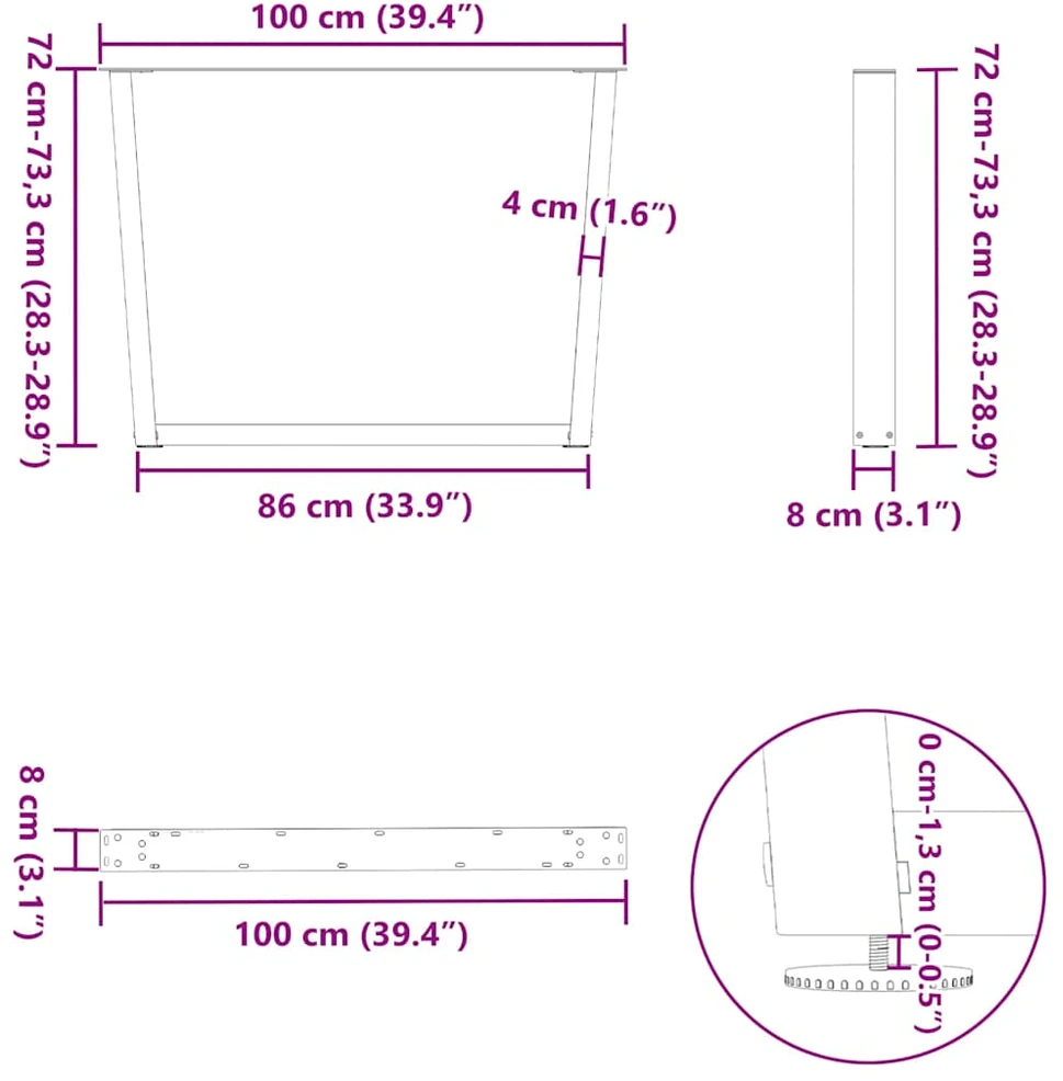 Valgomojo stalo kojos, V formos, 2 vnt., antracito spalvos, 100x(72-73,3) cm, plienas