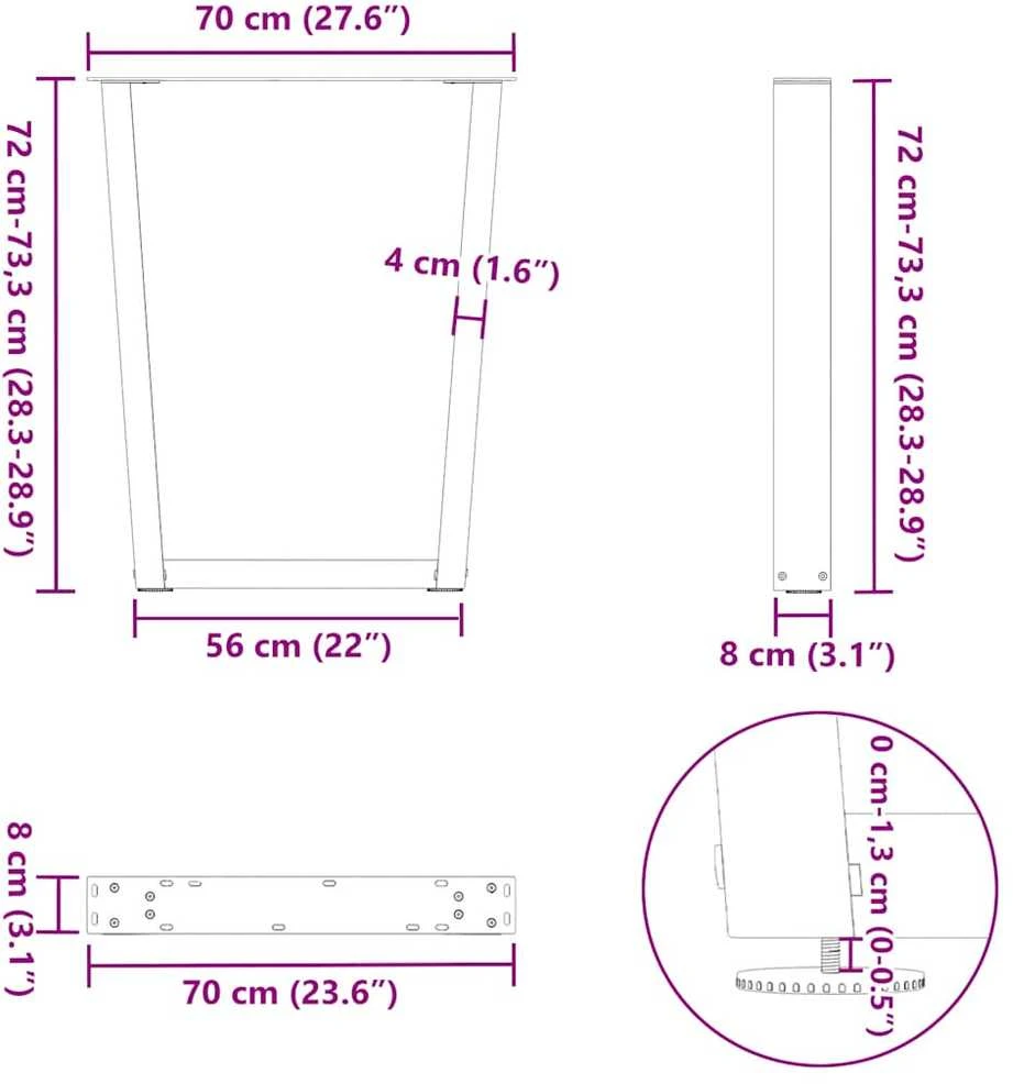 Valgomojo stalo kojos, V formos, 2 vnt., antracito spalvos, 70x(72-73,3) cm, plienas