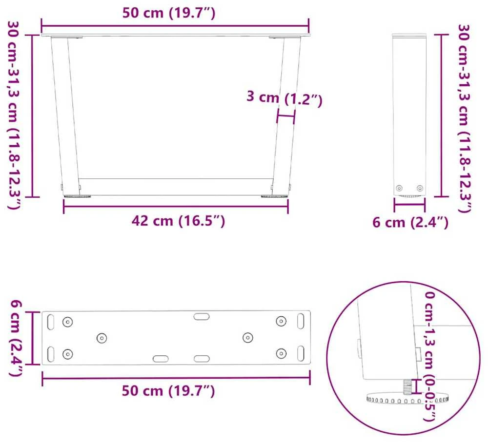 Kavos staliuko kojelės, V formos, 2 vnt., antracito spalvos, 50x(30-31,3) cm, plienas
