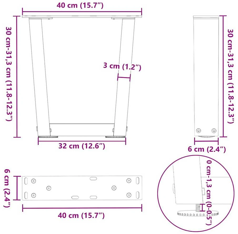 Kavos staliuko kojelės, V formos, 2 vnt., antracito spalvos, 40x(30-31,3) cm, plienas