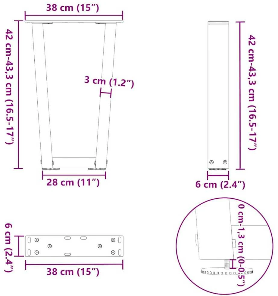 Kavos staliuko kojelės, V formos, 2 vnt., baltos, 38x(42-43,3) cm, plienas