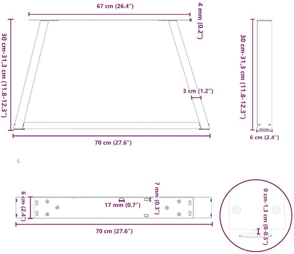 Kavos staliuko kojelės, V formos, 2 vnt., baltos, 70x(30-31,3) cm, plienas