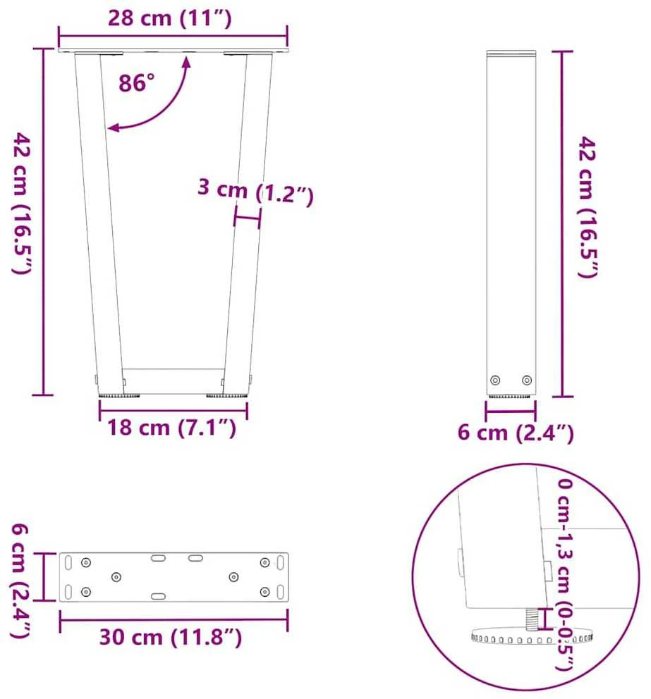 Kavos staliuko kojelės, V formos, 2 vnt., baltos, 28x(42-43,3) cm, plienas