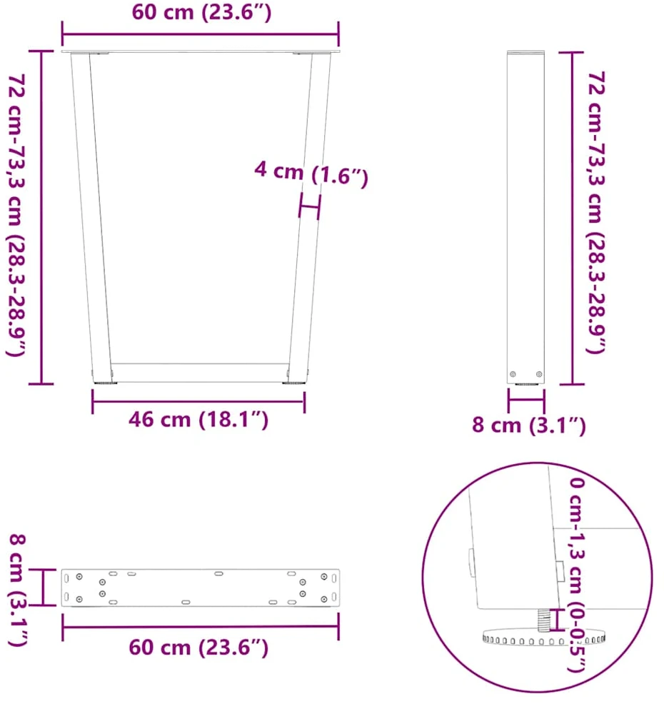 Valgomojo stalo kojos, V formos, 2 vnt., antracito spalvos, 60x(72-73,3) cm, plienas