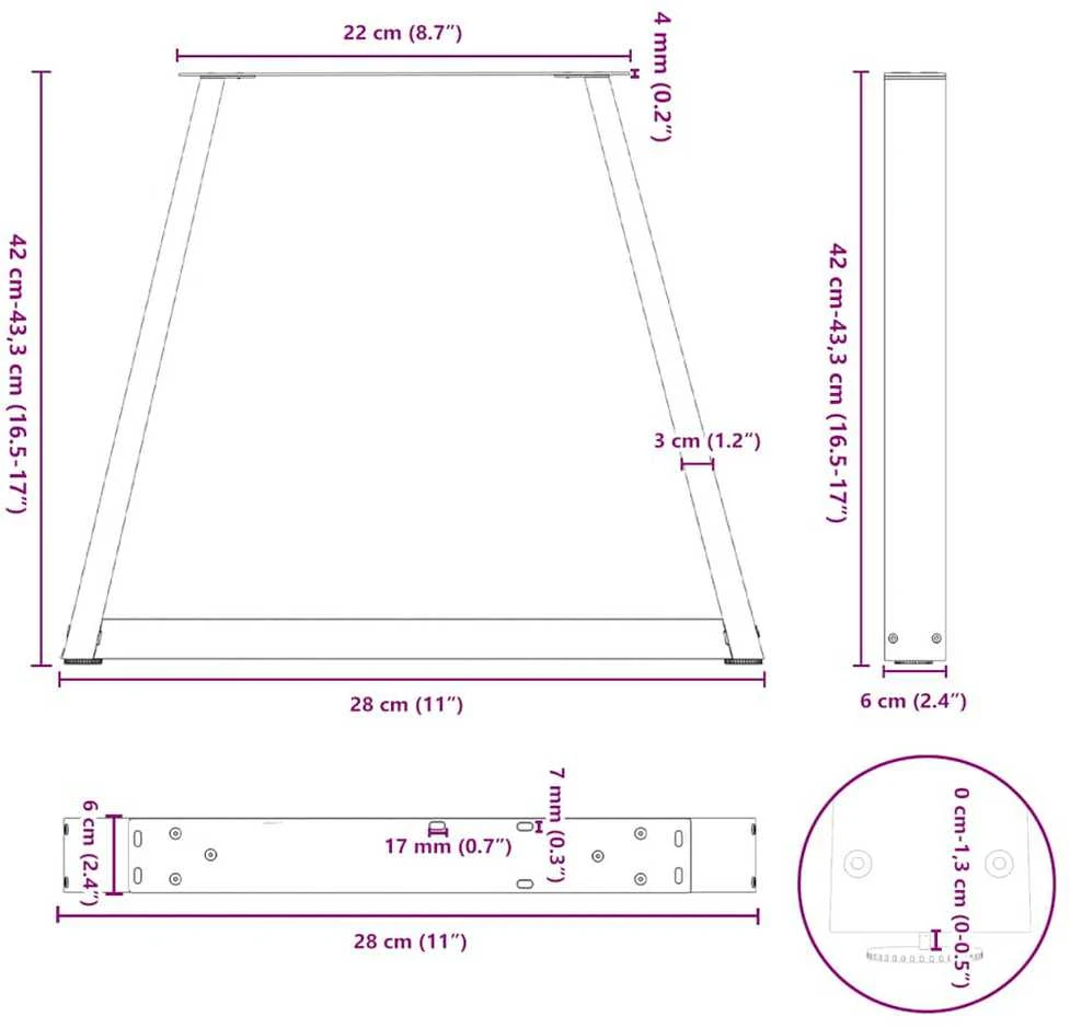Kavos staliuko kojelės, V formos, 2 vnt., juodos, 28x(42-43,3) cm, plienas