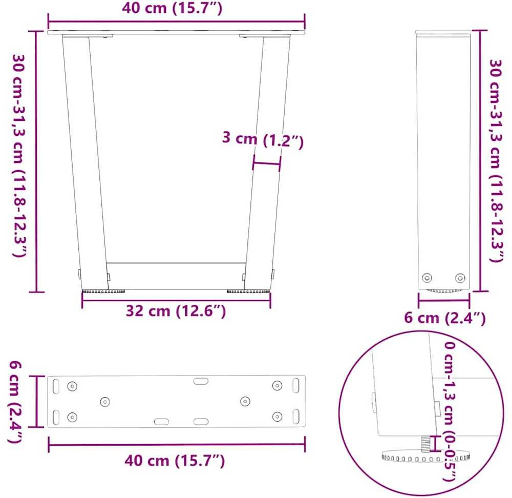 Kavos staliuko kojelės, V formos, 2 vnt., juodos, 40x(30-31,3) cm, plienas