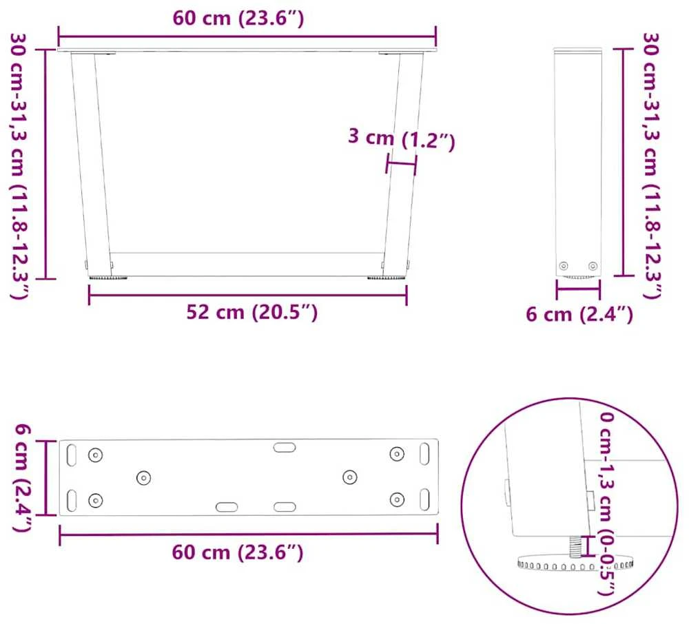 Kavos staliuko kojelės, V formos, 2 vnt., juodos, 60x(30-31,3) cm, plienas