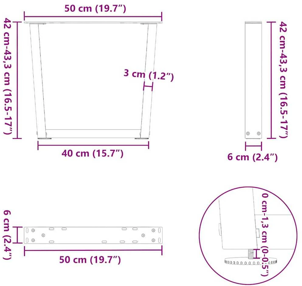Kavos staliuko kojelės, V formos, 2 vnt., juodos, 50x(42-43,3) cm, plienas