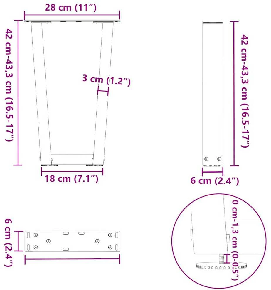 Kavos staliuko kojelės, V formos, 2 vnt., natūralus plienas, 28x(42-43,3) cm, plienas