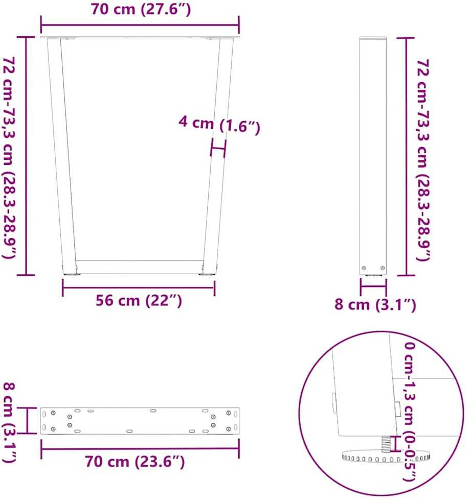 Valgomojo stalo kojelės, V formos, 2 vnt., natūralus plienas, 70x(72-73,3) cm, plienas