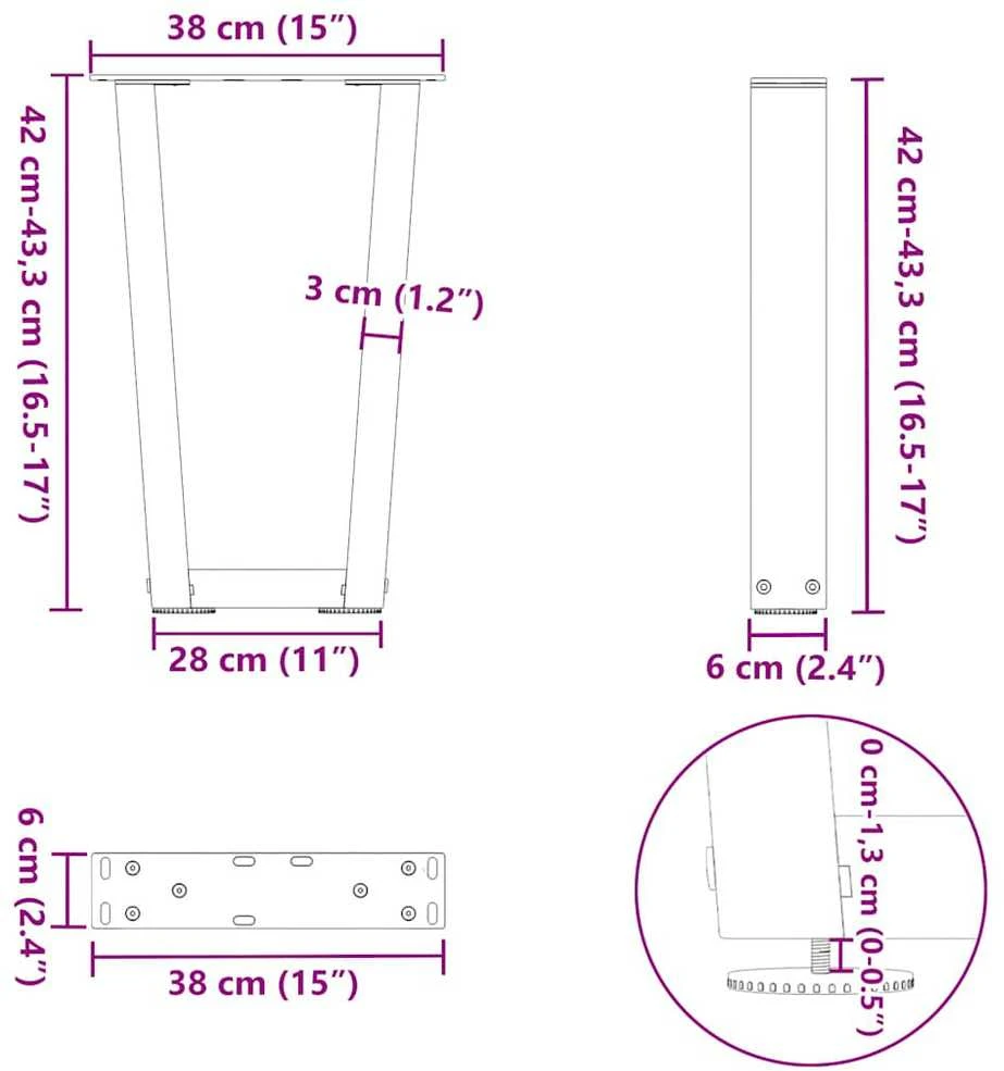 Kavos staliuko kojelės, V formos, 2 vnt., natūralus plienas, 38x(42-43,3) cm, plienas