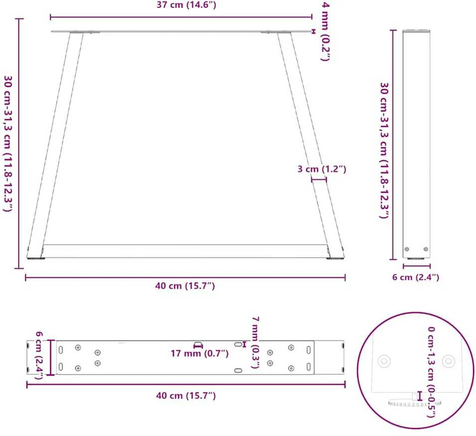 Kavos staliuko kojelės, V formos, 2 vnt., natūralus plienas, 40x(30-31,3) cm, plienas