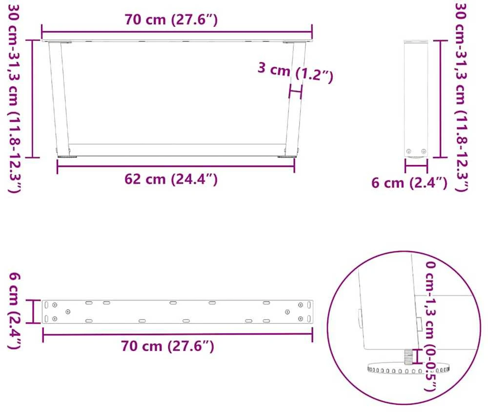 Kavos staliuko kojelės, V formos, 2 vnt., natūralus plienas, 70x(30-31,3) cm, plienas