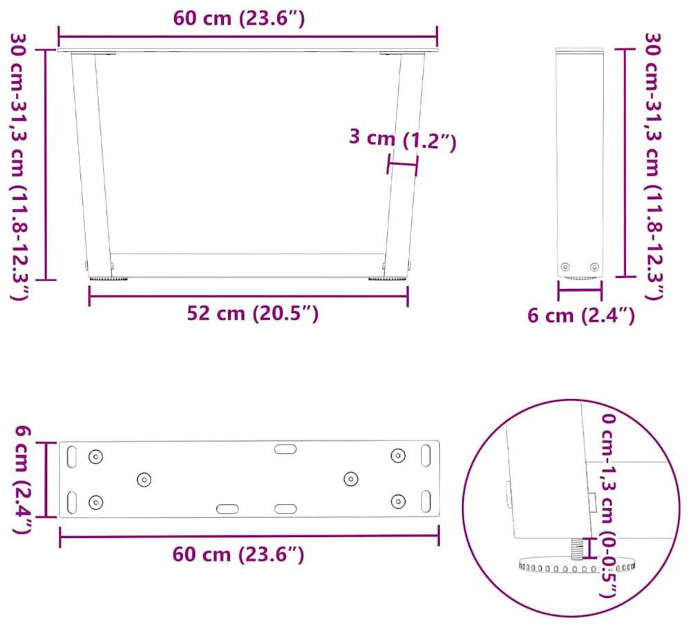 Kavos staliuko kojelės, V formos, 2 vnt., natūralus plienas, 60x(30-31,3) cm, plienas